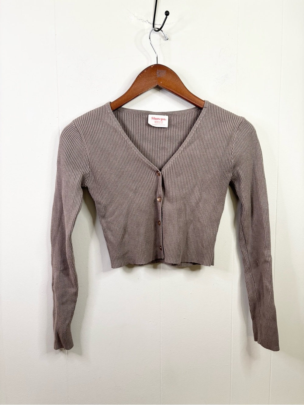 Showpo taupe beige long sleeve ribbed cropped sweater cardigan size SM/4
